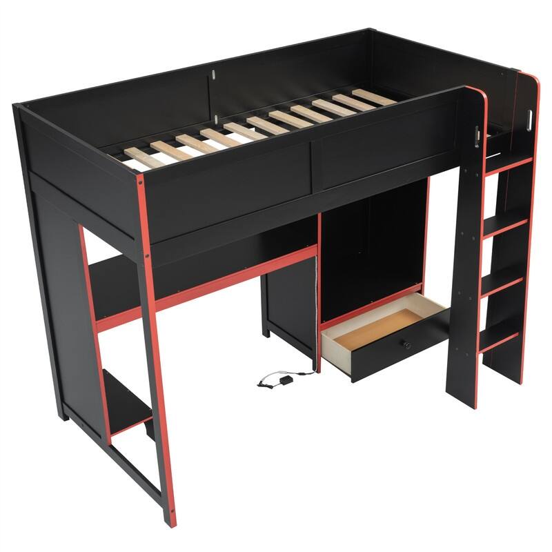 Solid Wood Gaming Loft Bed with Bulit-in Desk and Wardrobe, Twin/Full Size Loft Bedframe with LED Light and 1 Storage Drawer