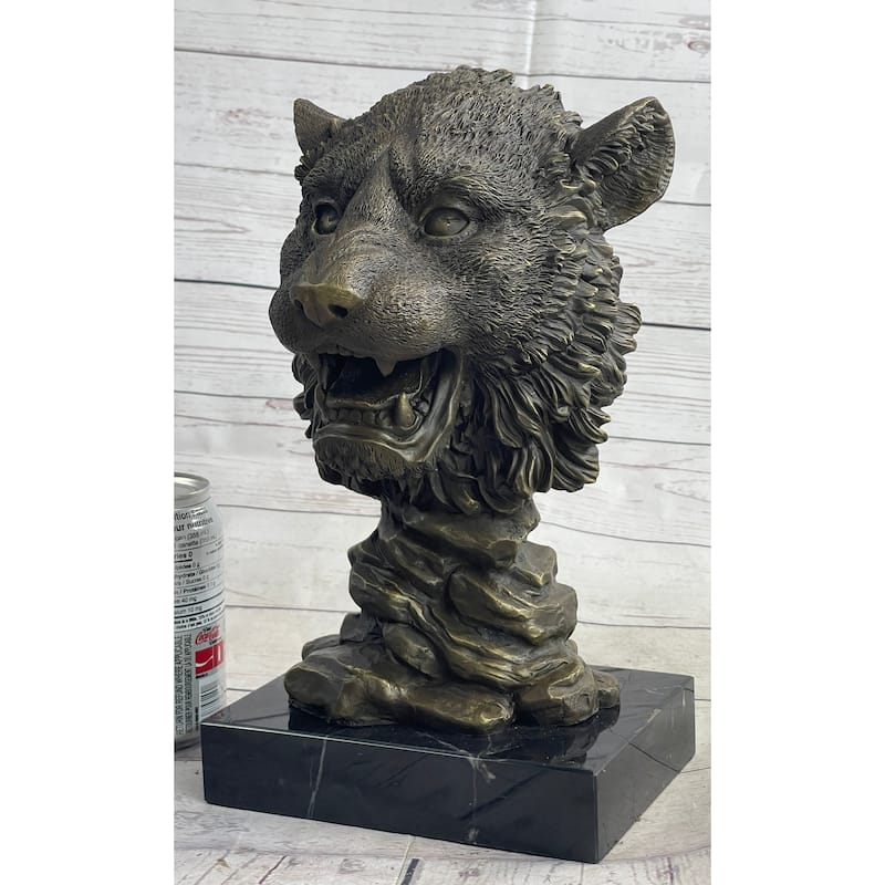 Cougar Imitative Lion Big Imitative Cat Predator Bust Sculpture Statue Bronze On Marble Base 12 Inches X 7 Inches