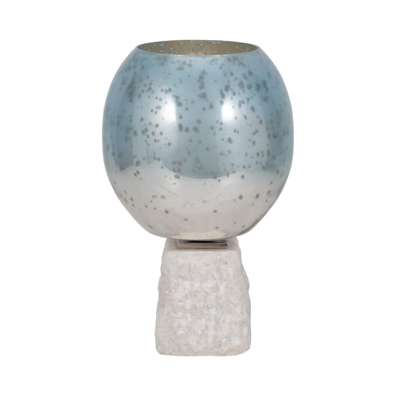 Sagebrook Home Glass Aqua/White Round Bowl Pillar Holder w/Marble Base - 8" x 8" x 13"