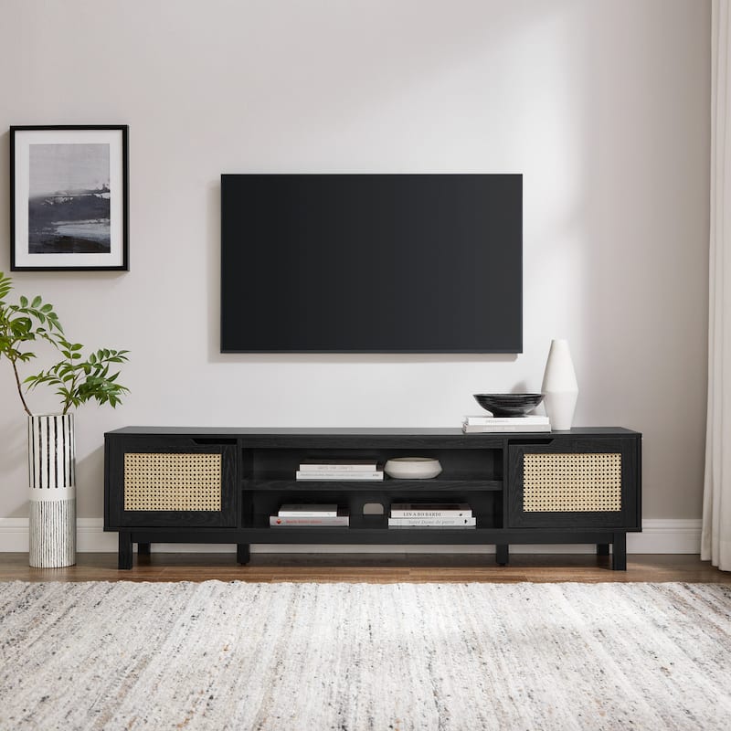 70" Coastal TV Stand for 80-Inch TVs, Featuring Faux Rattan Doors, Open Shelves & Cord Management