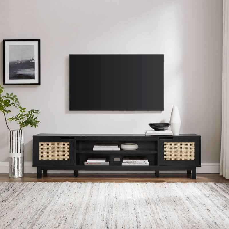 70-Inch Low TV Stand with Faux Rattan Doors & Open Cubbies, Ideal for Coastal Décor & TVs up to 80 Inches