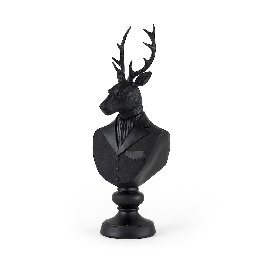 Black Resin Suited Deer Bust Sculpture - 6" W x 8" D x 23" H