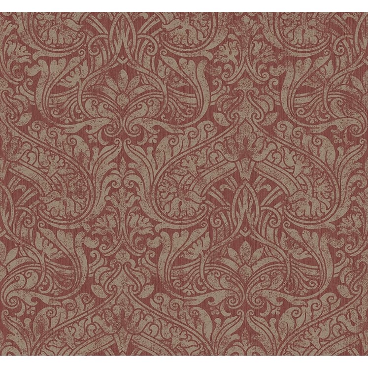 Seabrook Designs Twain Damask Unpasted Wallpaper - 27 in. W x 27 ft. L - Metallic Cherry & Charcoal