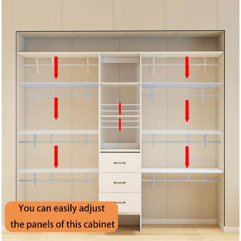 96" White Walk-In Closet System: 3 Shelves, 3 Rods, 3 Drawers,, Organizer