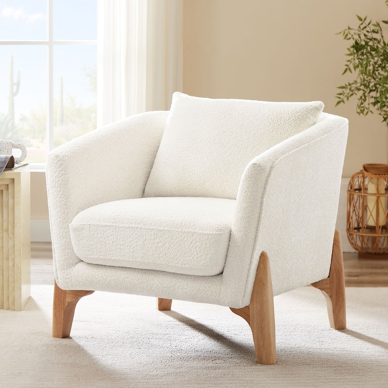 VANOMi 30.7 Inch Mid-century Modern Wide Upholstered Accent Armchair with Rubber Wood Legs - White