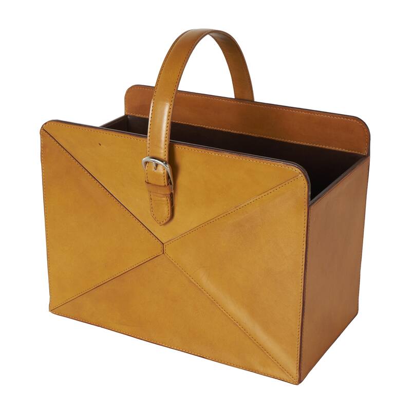 Brown or Black Leather Handmade Box Style Single Slot Decorative Magazine Holder with Detail Stitching and Curved Buckle Handles