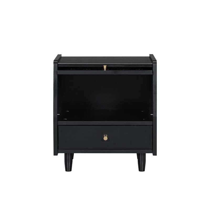 Wooden Nightstand With Rattan-Woven Storage Cabinet And 1 Drawer