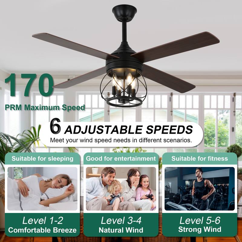 Cusp Barn 52" Modern Ceiling Fan with Light and Remote,Black 4-Light 6 Speeds Quiet Operation Reversible Caged Ceiling Fan