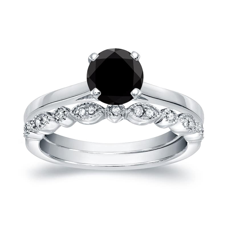 Auriya 14k Gold 3/4ctw Vintage Solitaire Black Diamond Engagement Ring Set