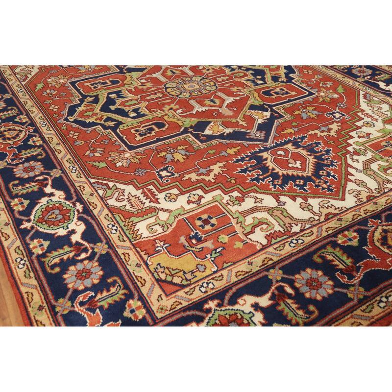 Orange Medallion Heriz Serapi Indian Area Rug Hand-Knotted Wool Carpet - 9'0" x 11'11"