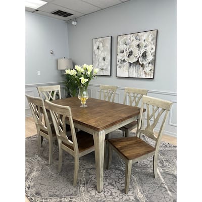 7 Piece Solid Wood Dining Set, Two-Tone Brown and Gray Finish, Extendable Table