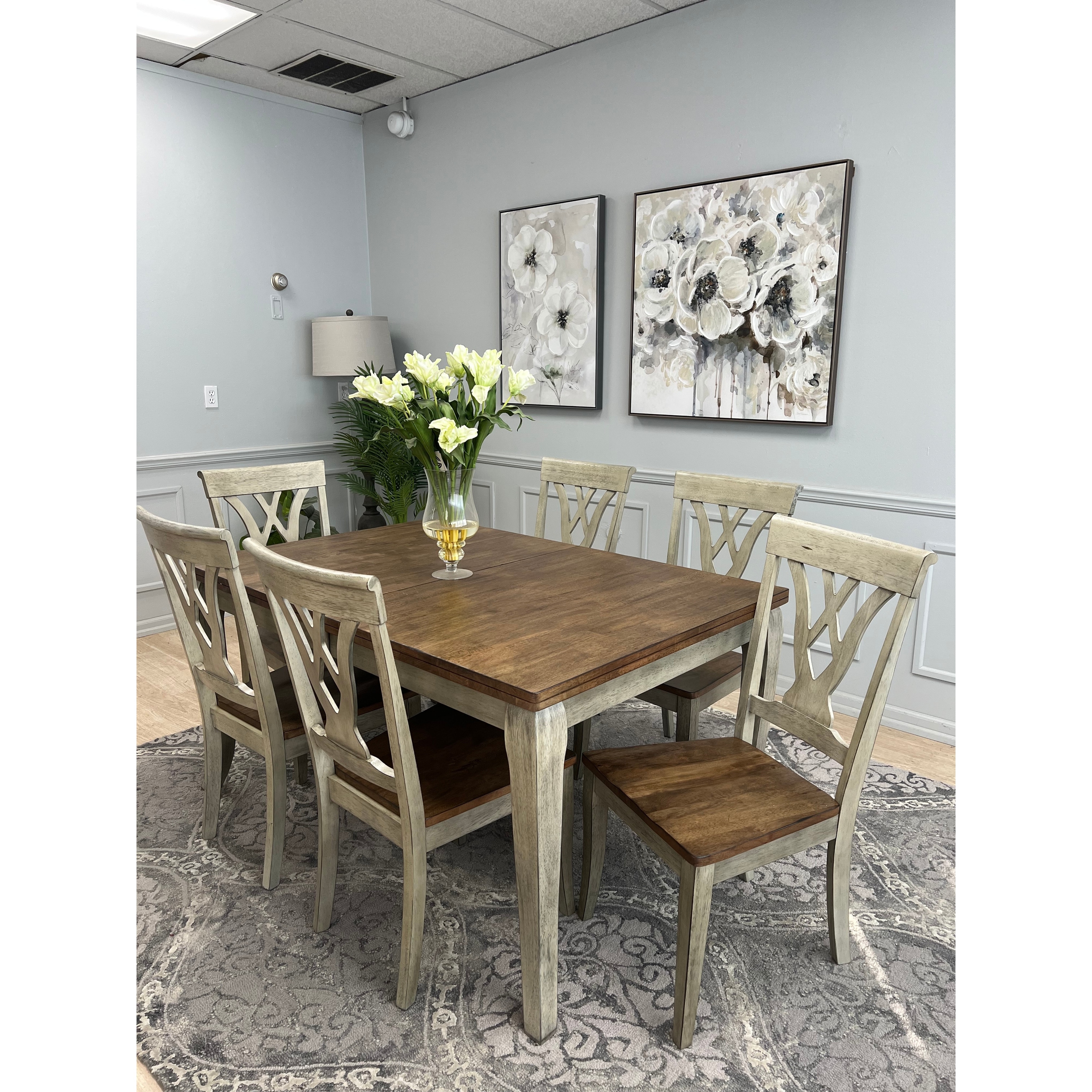 7 Piece Solid Wood Dining Set, Two-Tone Brown and Gray Finish, Extendable Table