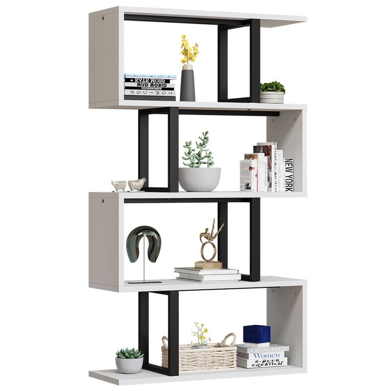 Hermoth Wood 5 Tiers Bookshelf S-Shaped Z-Shelf Style Bookcase Storage Display