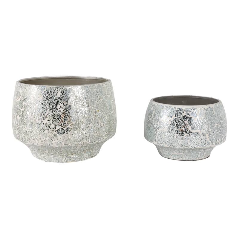 Metal Planters Mirrored Mosaic Surface Modern Accent Home (Set of 2) - Silver - 10.75" x 10.75" x 8"