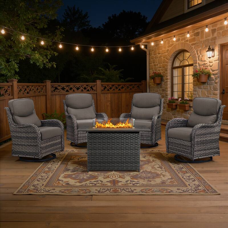 Meyreso 5-Piece Outdoor Patio Wicker Fire Pit 4 person Conversation Set with 5-Inch Thick Cushions - Gray Cushions - Gray Wicker