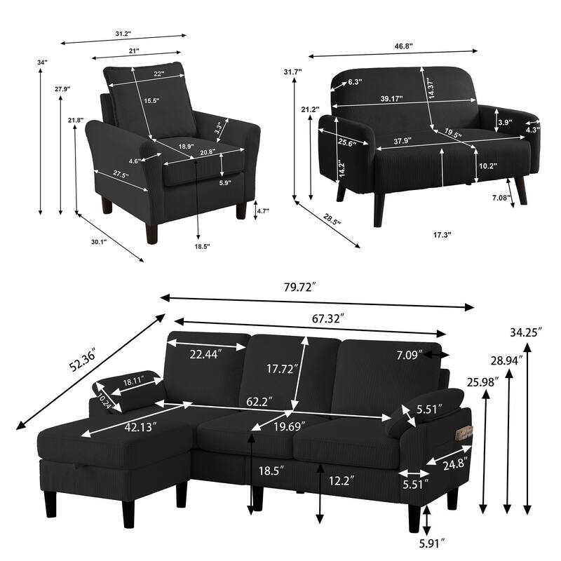 4 Pieces Corduroy Living Room Sets with Sofa, Ottoman and Loveseat