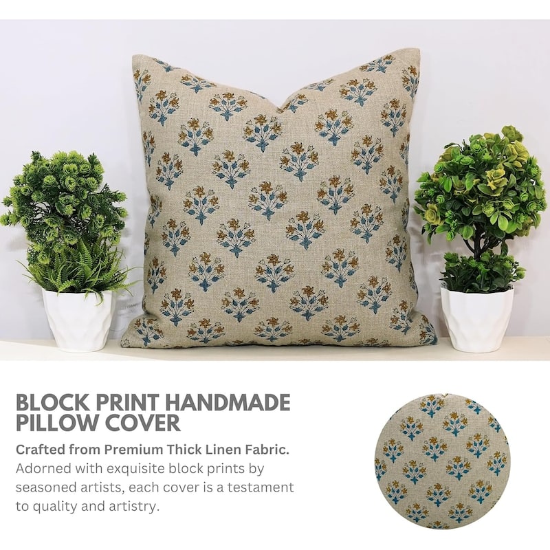 Linen Farmhouse Block print pillow Cover - Diwali Flower