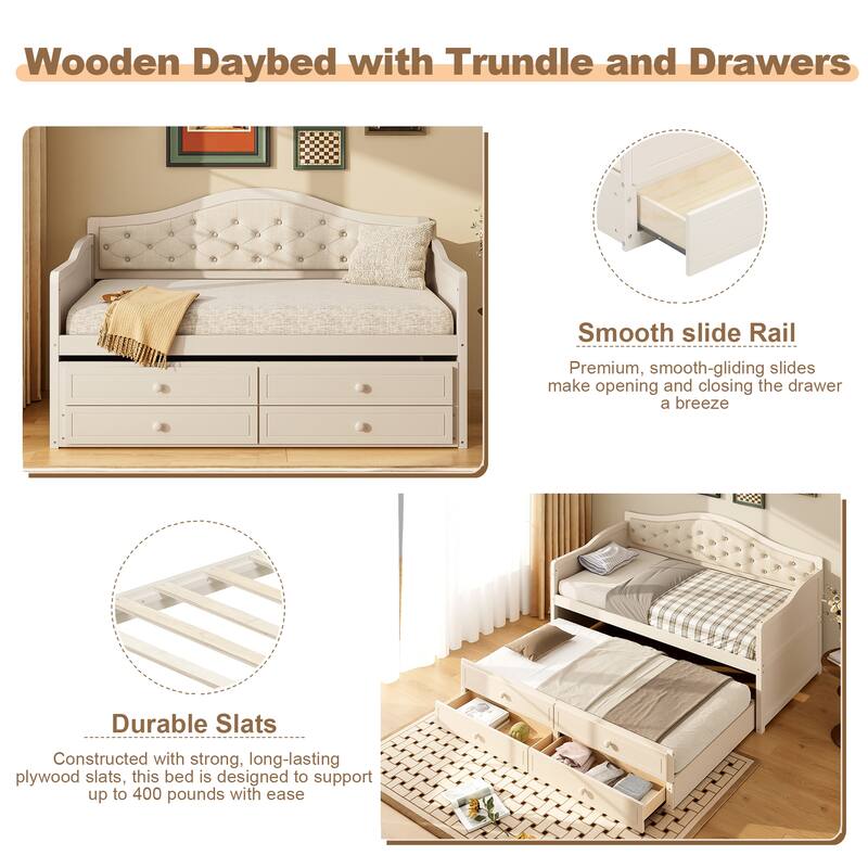 Twin Daybed with Trundle, Twin Size Daybed with 2 Storage Drawers, Wooden Sofa Bed with Upholstered Button Tufted Backrest