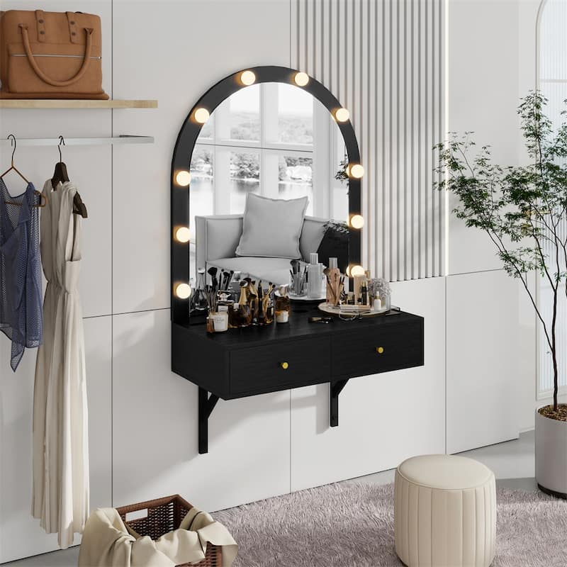 Floating Makeup Vanity Desk with 3-Color Lights,Wall Dressing Table - Black