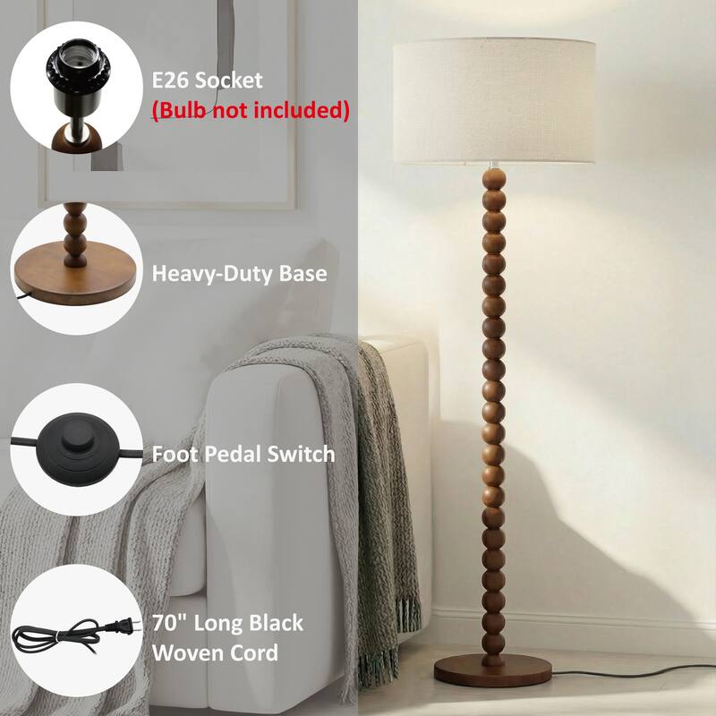 61" Wooden Beaded Floor Lamp, Retro Walnut Finish Standing Lamp with Linen Shade, Rubberwood Base for Living Room, Bedroom