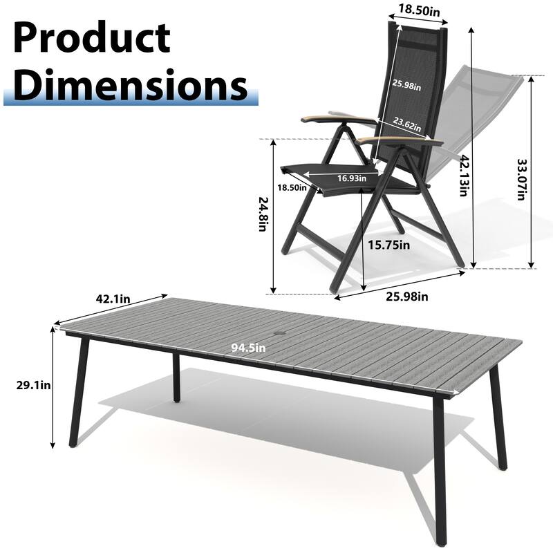 11-Piece Outdoor Patio Dining Set WPC Table Top Alumium Umbrella Hole Table with Folding Teak Armrest Chairs