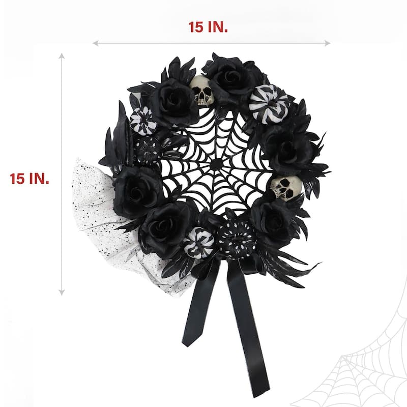 Haunted Hill Farm 15-In. Halloween Black and White Floral Wreath Pumpkins, Skulls, and Spiderweb for Haunted House Decoration