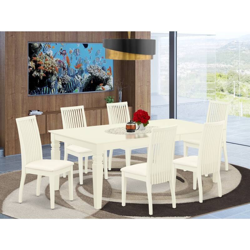 Rustic Dinette Set 7 Piece - Kitchen Table with Leaf & 6 Linen Chairs - 84