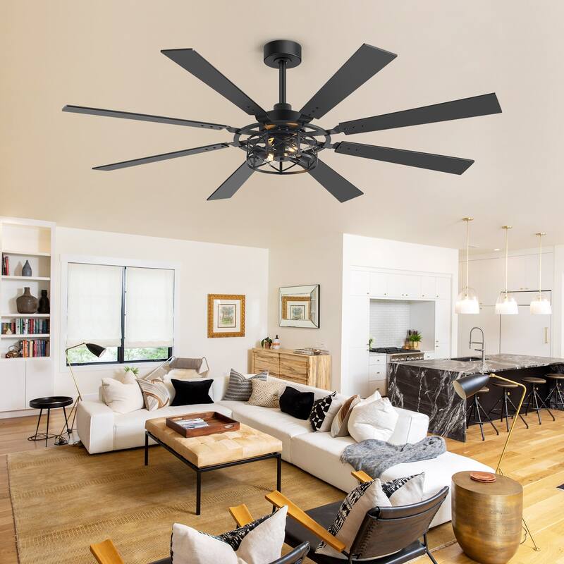 52"/65" Industrial Reversible Wood 5/8-Blade Cage Ceiling Fan with Light Kit and Remote