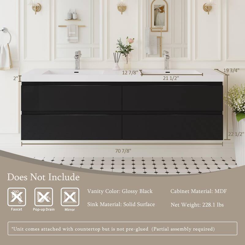 Modern Wall-Mounted Bathroom Vanity with White Solid Surface Top