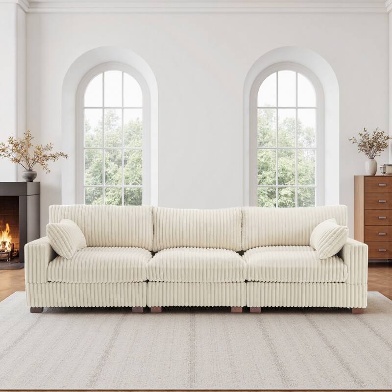 Plush Corduroy Upholstered Modular Sectional Sofa with Pillows
