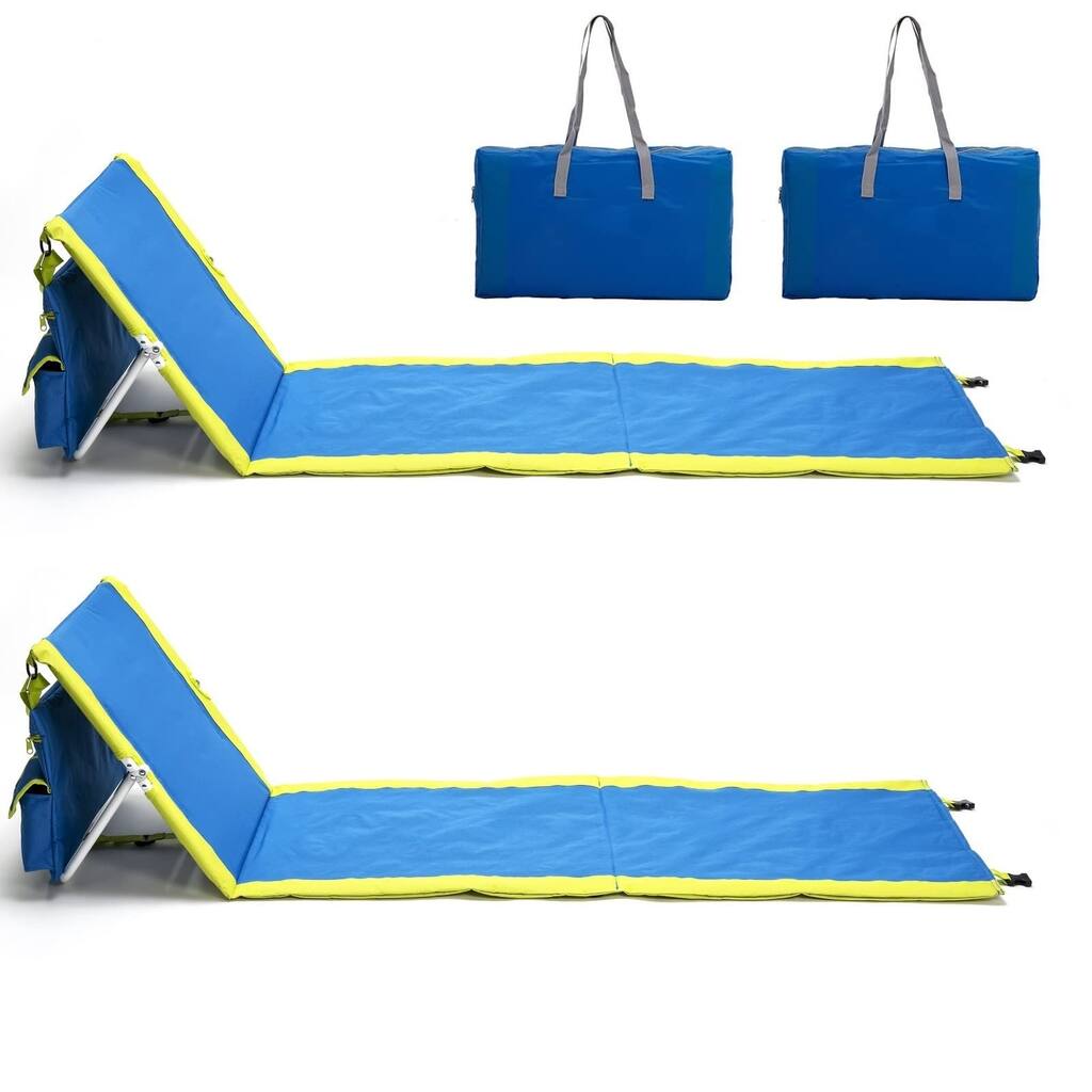 2 Pieces Blue Portable Beach Mat Lounge Chair with Storage Pouch