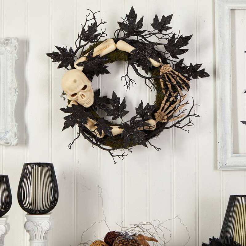 Skull and Bones Halloween Wreath, 24-Inch, Unlit