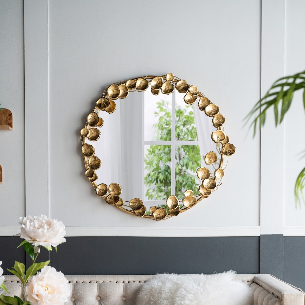 Round Metal Wall Mirror with Golden Leaf Accents