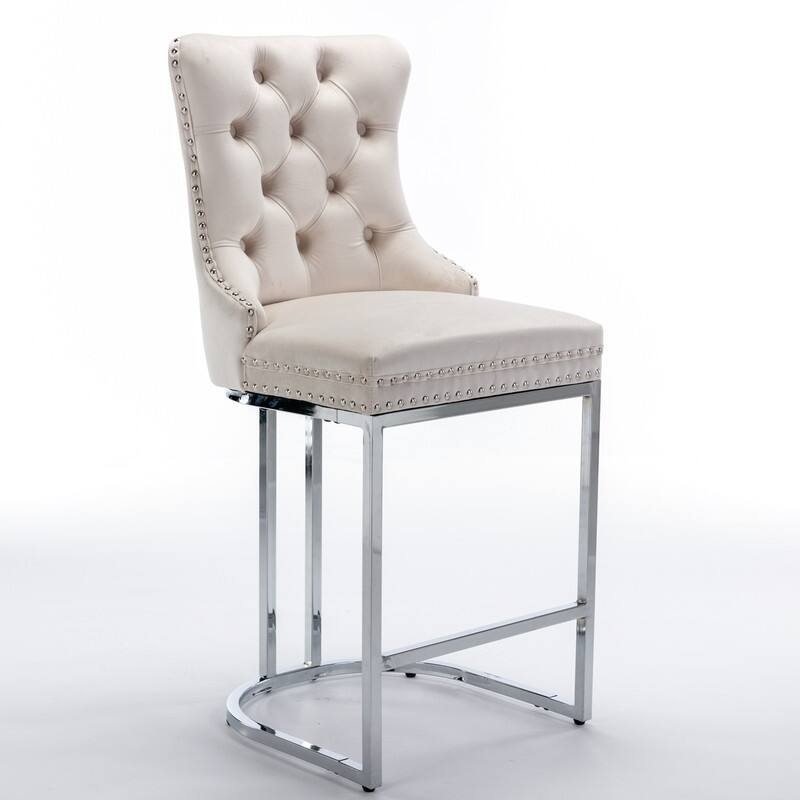 26" Counter Height Bar Stools Set of 2, Modern Velvet Barstools with Button Back&Rivet Trim Upholstered