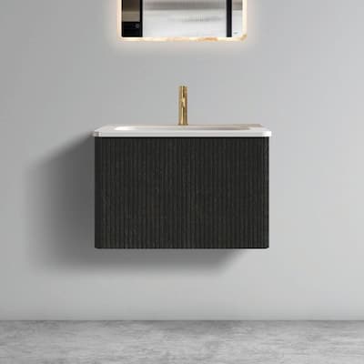 24/30/36" Striped Brushed Black Oak Floating Vanity with White Ceramic Sink