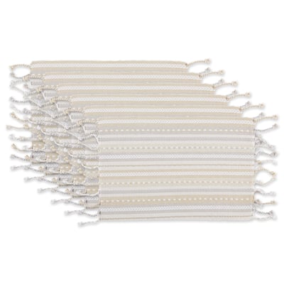 Ribbed Striped Placemats with Twisted Fringe - 19" - Beige and Gray - Set of 6