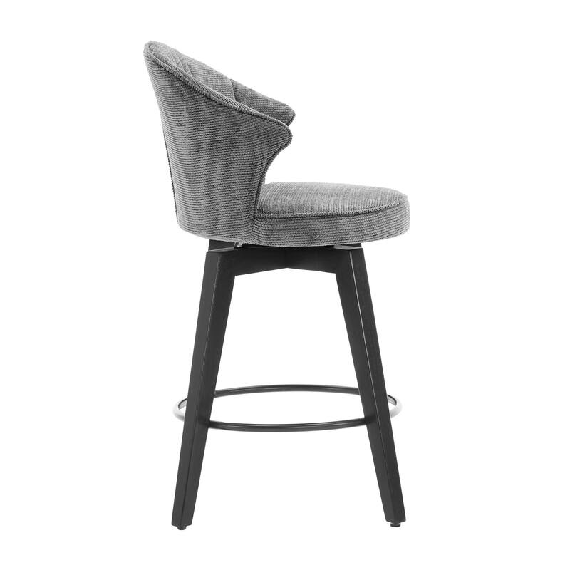 Set of 2 Chenille Upholstered Swivel Bar Stools with Solid Wood Legs and Wing Back