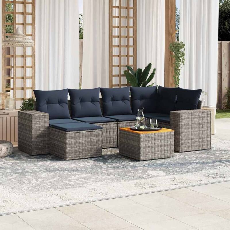 vidaXL 7 Piece Patio Sofa Set with Cushions Gray Poly Rattan - 100.4x33.5x57.1