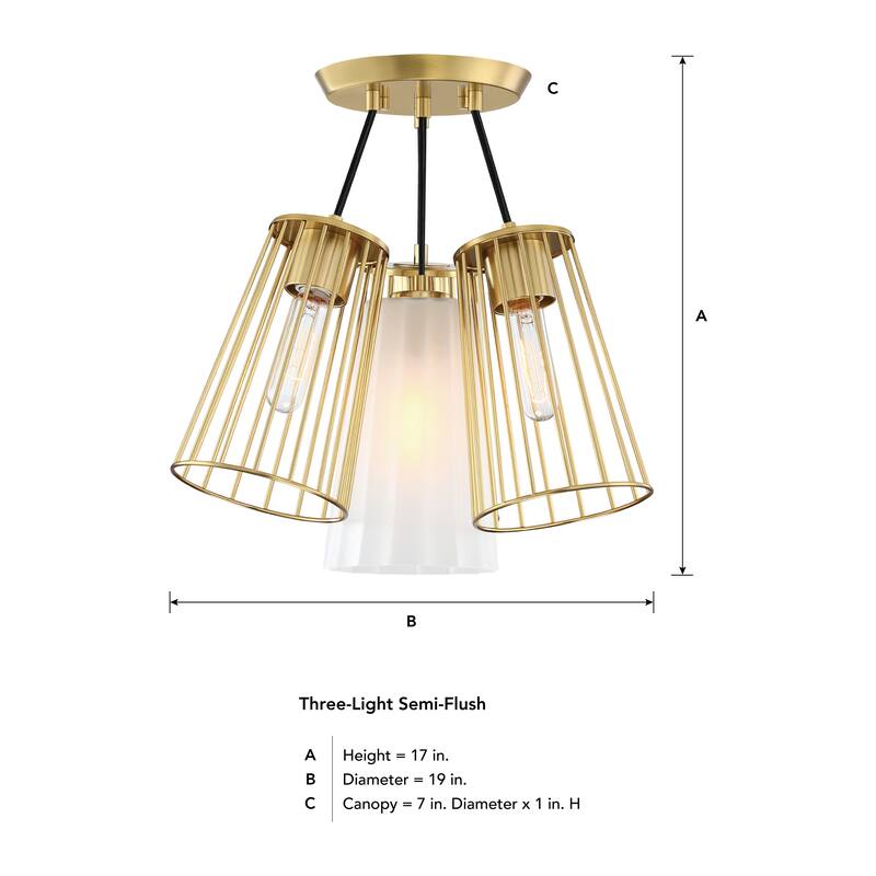 Liana 19 in. 4-Light Brushed Gold Glam Semi Flush Mount with Etched Glass and Wire Cage Shades for Bedrooms - 16.75