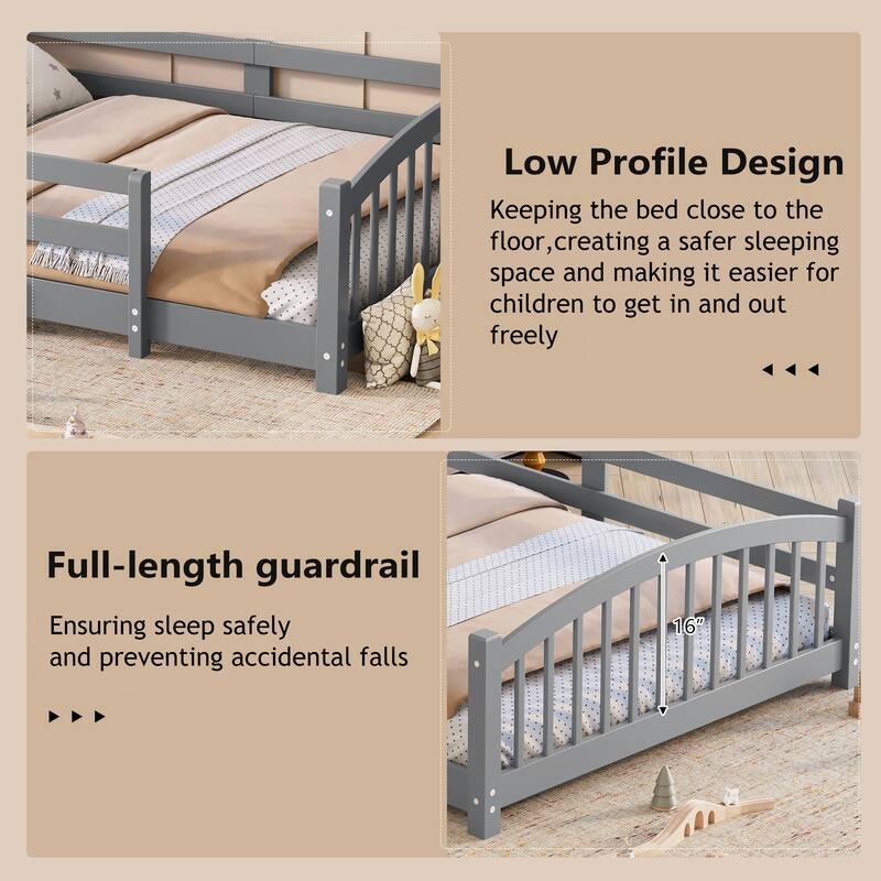 Montessori Floor Bed with Fence - Full/Twin Solid Wood, Slats & Safety Guardrails, Easy Assemble