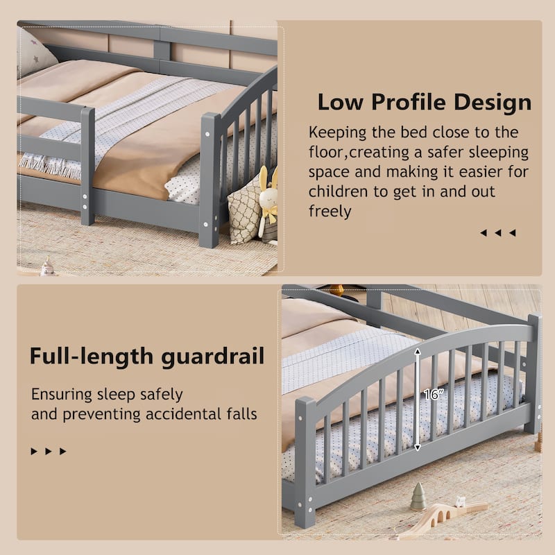 Solid Wood Floor Bed Montessori Bed with Safety Guardrails Without Door