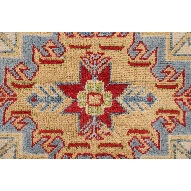 Geometric Kazak Oriental Area Rug Handmade Beige Wool Carpet - 3'11" x 6'0"