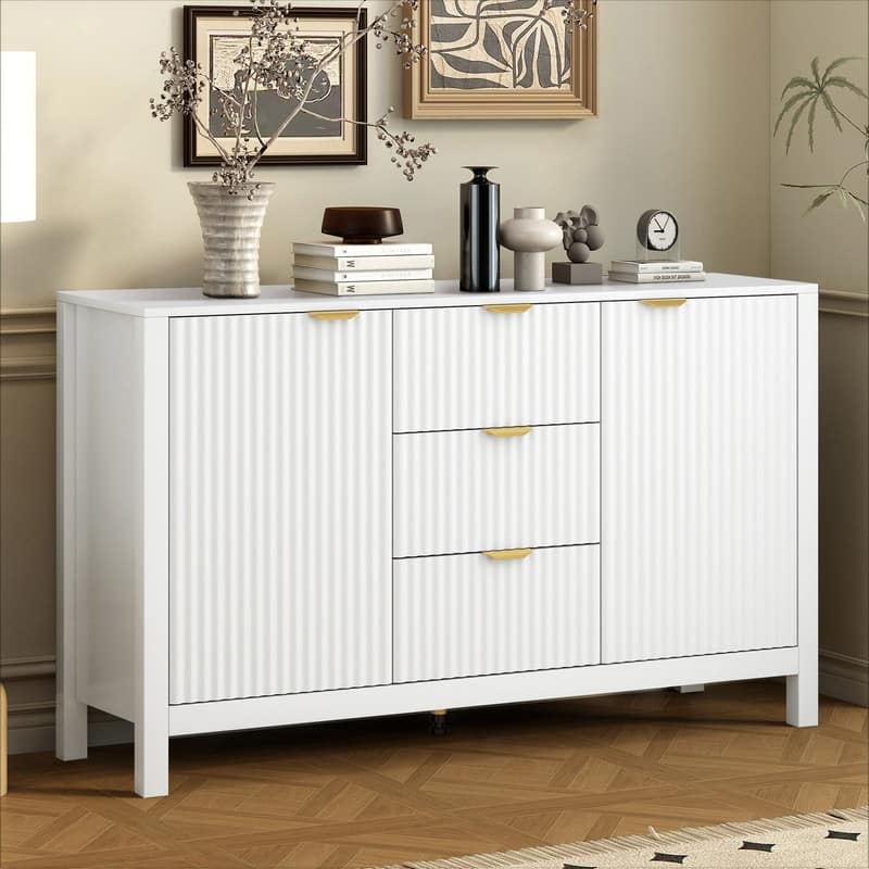 Entryway Buffet Cabinet with Wave 2-Door and 3 Drawers, Adjustable Shelves for Stylish Storage
