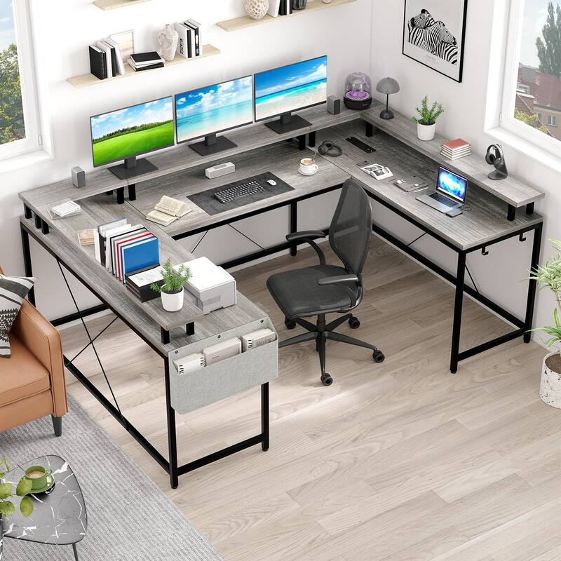U Shaped Desk, 126 Inch Gaming Desk with Monitor Stand and LED Lights