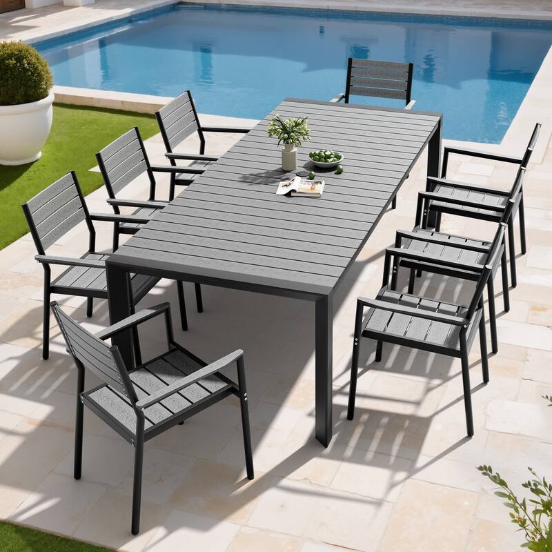 Set of 9 Outdoor Patio Dining Set WoodLike Table Top Aluminum Umbrella Hole Table with Stackable Dining Chairs