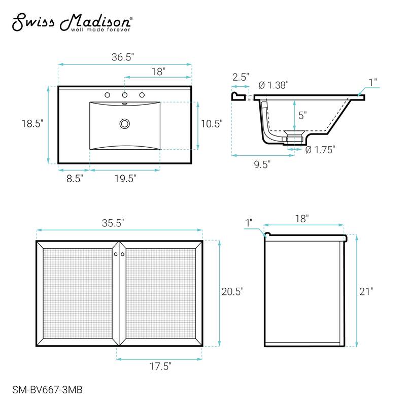 Classe 36 In. Brown Oak Wall Hung Bathroom Vanity With Black, 3-Hole Ceramic Sink Top