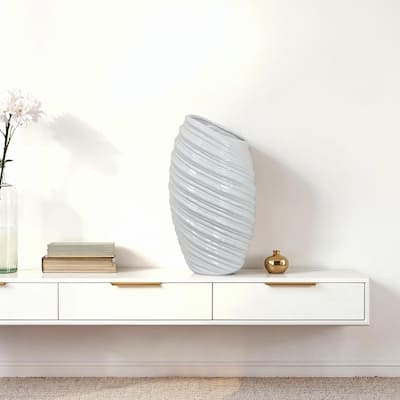 Avery Tall Modern Vase, Angled Spiral Design, White Ceramic 17 Inch