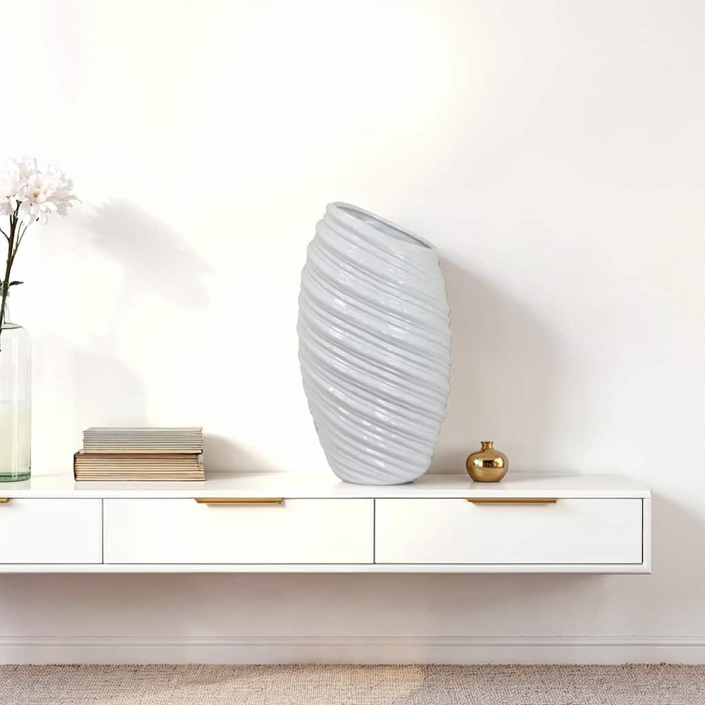 Avery Tall Modern Vase, Angled Spiral Design, White Ceramic 17 Inch