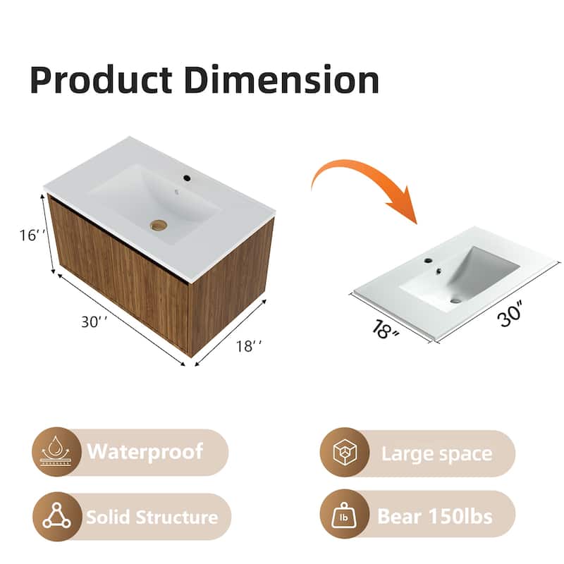 30 Inch Wall Mounted Bathroom Vanity with Ceramic Sink, Floating Cabinet with Drawers, Modern Fluted Design