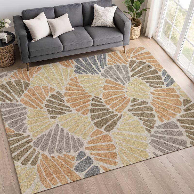 Machine Washable Indoor/ Outdoor Floral Modern Chantille Rug